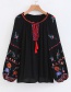 Fashion Navy Tassel Decorated Tying-strap Embroidered Blouse