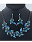 Fashion Blue Metal Leaf And Diamond Necklace Earrings Set