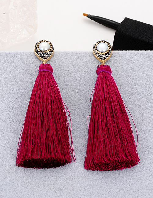 Fashion Red Pearl Decorated Long Tassel Earrings