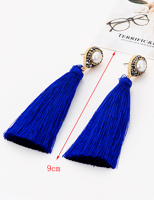 Fashion Light Blue Pearl Decorated Long Tassel Earrings