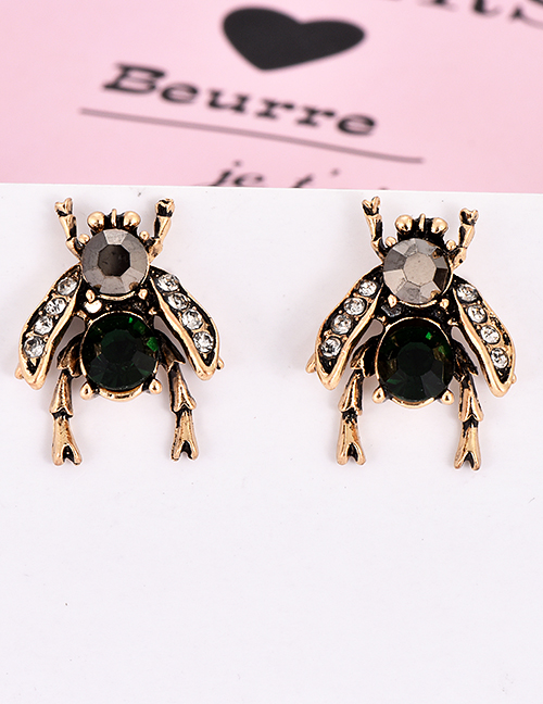 Fashion Dark Green Full Diamond Design Insect Shape Earrings