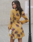 Fashion Yellow Flowers Decorated Long Sleeves Dress
