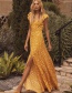 Fashion Yellow V Neckline Design Flower Pattern Dress