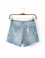 Fashion Blue Embroidery Flower Decoraterd Shorts