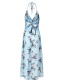 Fashion Blue V-neck Chiffon Printed Split Dress