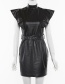 Fashion Black Round Neck Bat Sleeve Pu Waist Pocket Hip Dress
