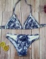 Fashion Navy Split Leaf Print Stitching Bikini