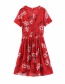 Fashion Red Wooden Eared V-neck Button Flower Print Dress