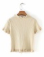 Fashion Beige Tie Rope Short Sleeve Ribbed Knit Fungus T-shirt
