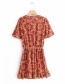 Fashion Brick Red Drawstring Ruffled Flower Print Dress