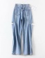 Fashion Blue Washed Holes And Long Denim Trousers