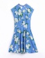 Fashion Blue Printed Lace-neck Single-breasted Dress