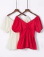 Fashion Beige V-neck Puff Sleeve Chest Front Pleated Shirt