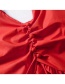 Fashion Red V-neck Puff Sleeve Chest Front Pleated Shirt
