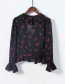 Fashion Black V-neck Ruffled Flower Print Shirt