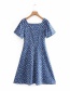 Fashion Blue V-neck Flower Print Lace Dress