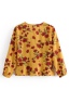 Fashion Yellow Flower Print V-neck Drawstring Tie Ruffled Shirt
