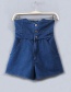 Fashion Navy Blue Washed Three Buckle High Waist Denim Shorts