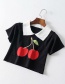 Fashion Black Cherry Print Knit Lapel T-shirt
