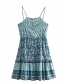 Fashion Blue Floral Print Sling Halter Dress
