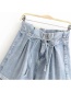 Fashion Blue Washed Lace-up String High Waist Wide Leg Denim Shorts