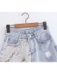 Fashion Blue Shredded Hole: Sequined Denim Shorts