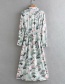 Fashion Green Floral Print Lapel Tie Single Breasted Dress