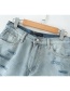 Fashion Blue Washed Hole High Waist Denim Raw Shorts