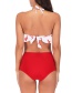 Fashion White Print + Red Pleated Ruffled High Waist Split Swimsuit