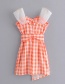 Fashion Orange Shoulder Strap Organza Plaid Strap Dress