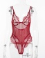 Fashion Wine Red Lace Stitching Striped Perspective Jumpsuit
