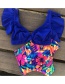 Fashion Blue Floral High Waist Ruffled Vest Deep V Bikini
