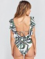 Fashion Blue-violet Leaves On White (with 2xl) Printed Floral Deep V Open Back One-piece Swimsuit