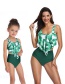 Fashion Children On Flowers Under Green Printed High-waist Ruffled Parent-child Split Swimsuit
